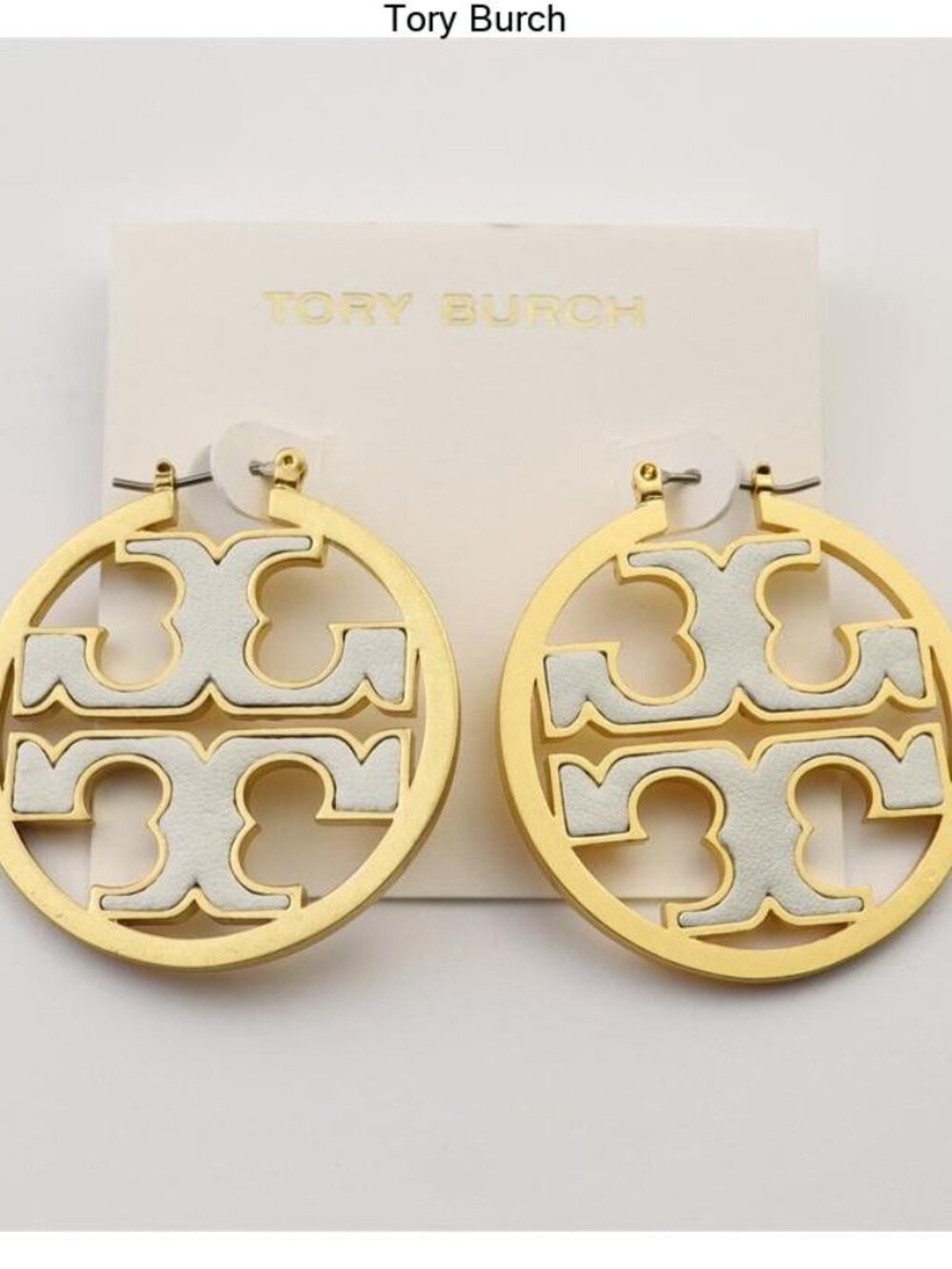 Tory Burch Gold and White Cutout Logo Drop Earrings
